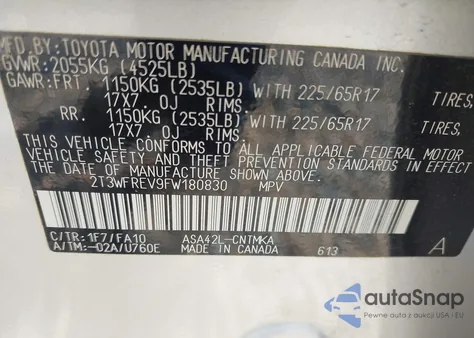 2015 Toyota Rav4 Xle z USA, uszkodzony, nr VIN 2T3WFREV9FW180830